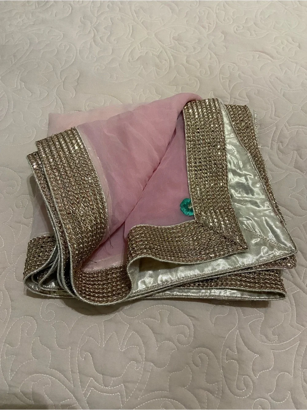 Indian Women’s Pink Ombre Dupatta Gold Boarder Blue Embroidered Flowers Scarf